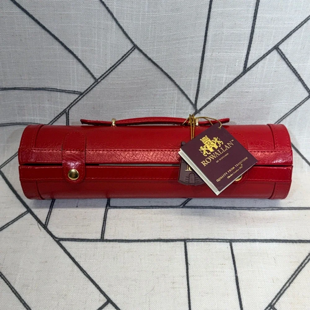 Rowallan Jewelry Roll OS Red Bonded Leather Travel Case Organizer Mirror READ